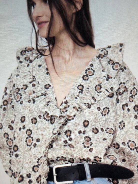 Zara Floral Ruffle Blouse in Cream & Brown - Picture 5 of 13